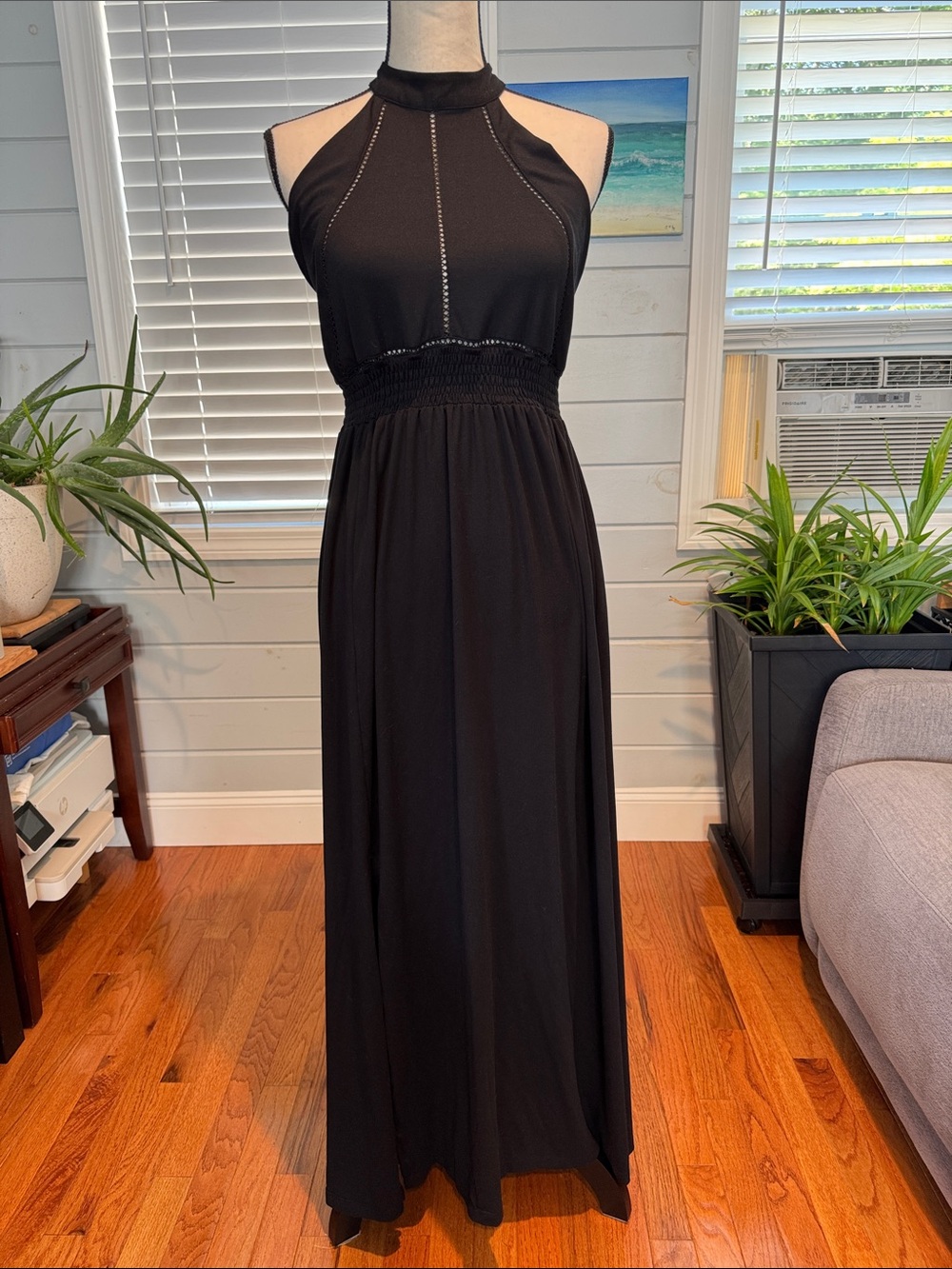 Elegant Black Halter Maxi Dress with Smocked Waist